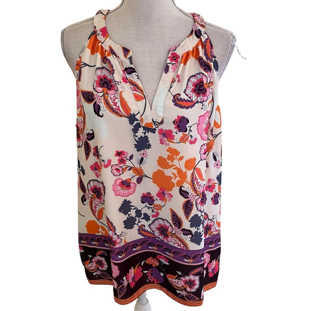 Tabitha Webb Cream with Pink/Orange Floral Sleeveless Halter Style Blouse XL